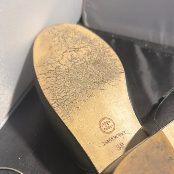 CHANEL Black Leather Mules with Gold Logo - Picture 10 of 13